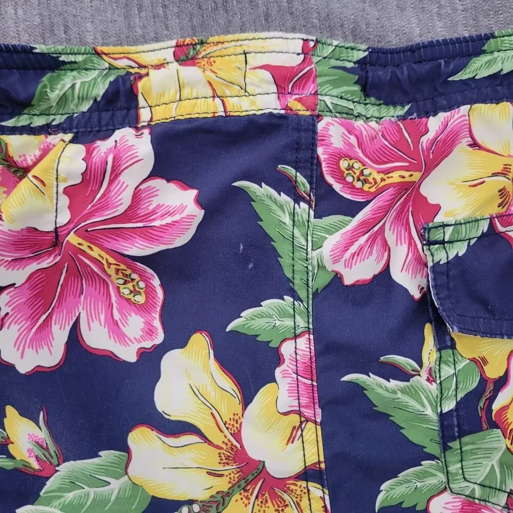 Vintage 90s Polo Ralph Lauren Youth Hibiscus Board Swim Trunks Shorts Size 14-16